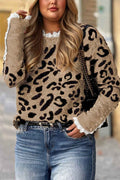 Brown Leopard Knitted Lace Trim Cuffed Plus Size Sweater Brown 50%Acrylic+27%Polyester+23%Polyamide 846843fd849ea612