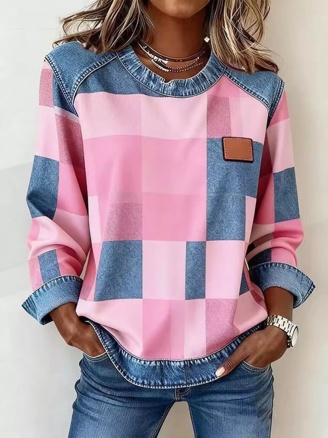 Full Size Plaid Denim Trim Long Sleeve Sweatshirt Plus Size Blush Pink 846ae65c156e4b09a73500d2c80668a0-Max-Origin