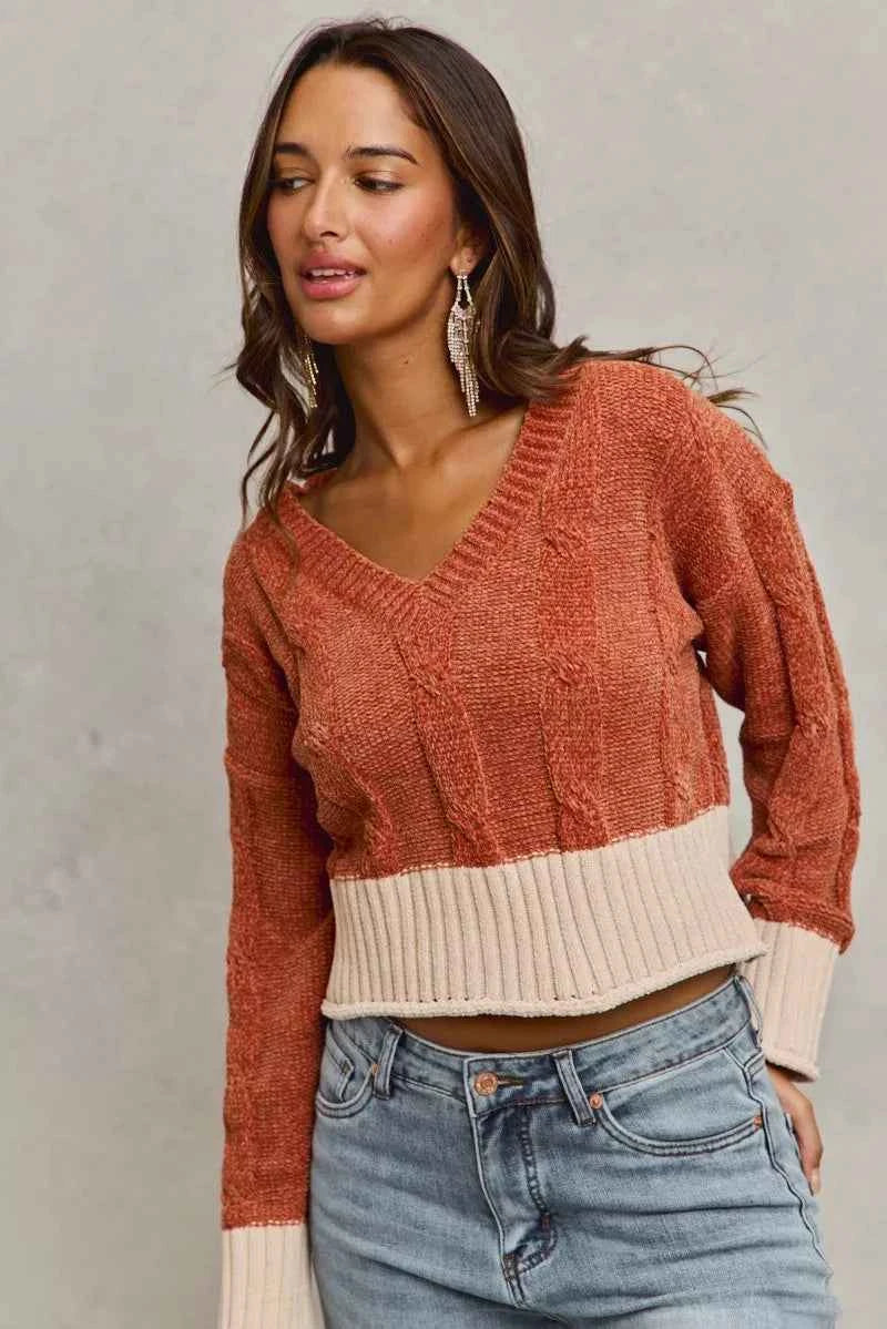 SO ME Chenille Cable Knit V Neck Contrast Cropped Sweater 847496718bbb4ee3aaa603348ff2587f-Max-Origin