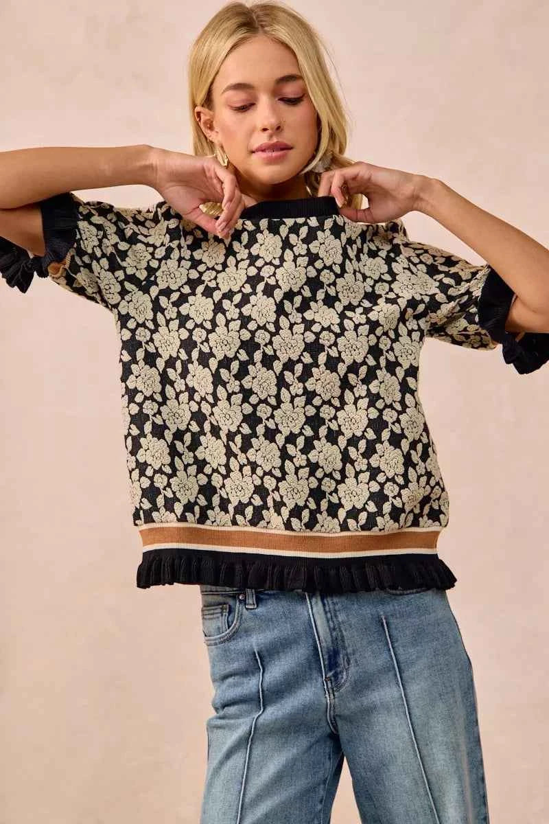 BiBi Textured Rose Knit Top Contrast Banded Puff Sleeve 8477169e-05e4-45ce-a11e-683966fd4240-Max-Origin