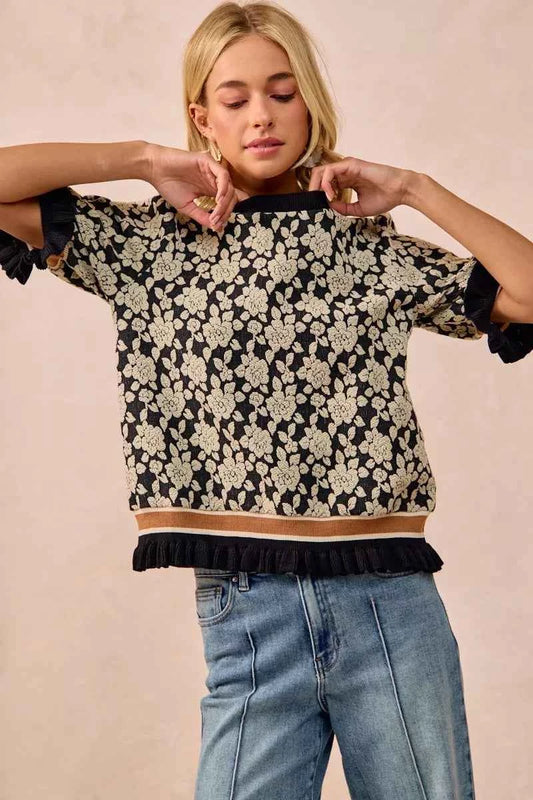 Textured Rose Knit Top Contrast Banded Puff Sleeve 8477169e-05e4-45ce-a11e-683966fd4240-Max-Origin