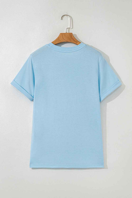 Light Blue Mallard Duck Graphic Sequins Patch Casual Tee Light Blue 62%Polyester+32%Cotton+6%Elastane 84781ff281ce8752