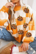Pumpkin Checkered Round Neck Long Sleeve Sweater Tangerine 847cf020-9342-4abb-98ad-369c52d76d03-Max