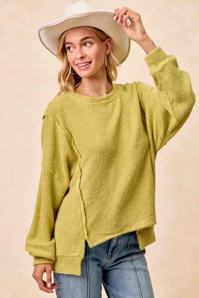 BiBi Boucle Rib Knit Uneven Hem Sweater With Open Seam 847f8d34785e4aa8876ce268fbea33a5-Max-Origin