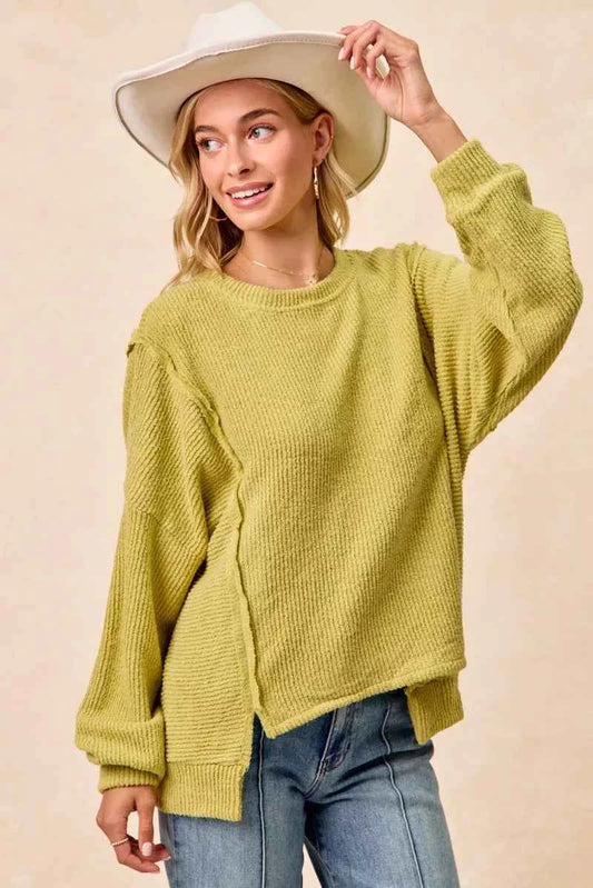 Boucle Rib Knit Uneven Hem Sweater With Open Seam 847f8d34785e4aa8876ce268fbea33a5-Max-Origin