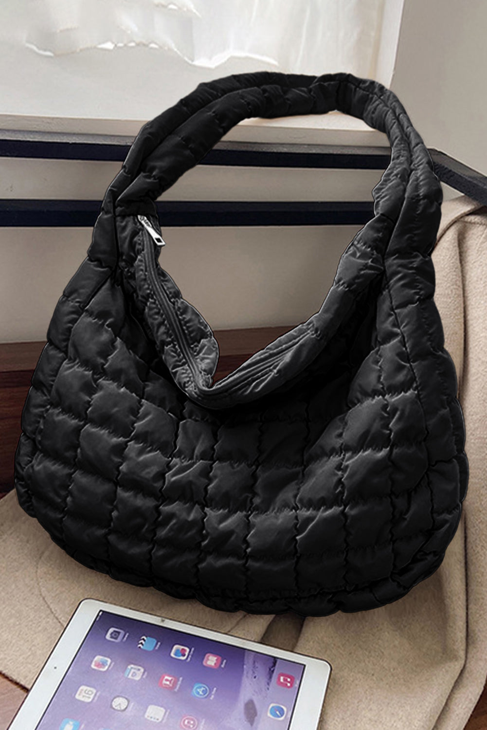Light French Beige Quilted Zipper Large Shoulder Bag 848308a2c8a95e9a