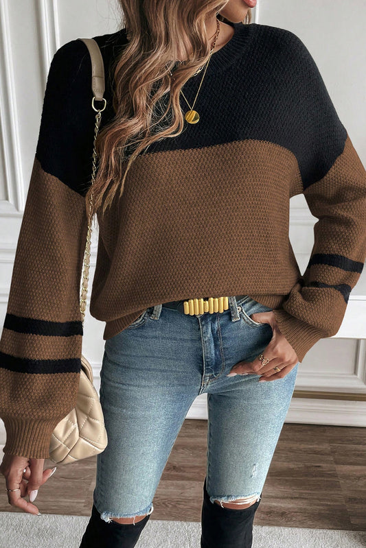 Dark Brown Colorblock Striped Sleeve Detail Knit Sweater 84846b80f6d864f6