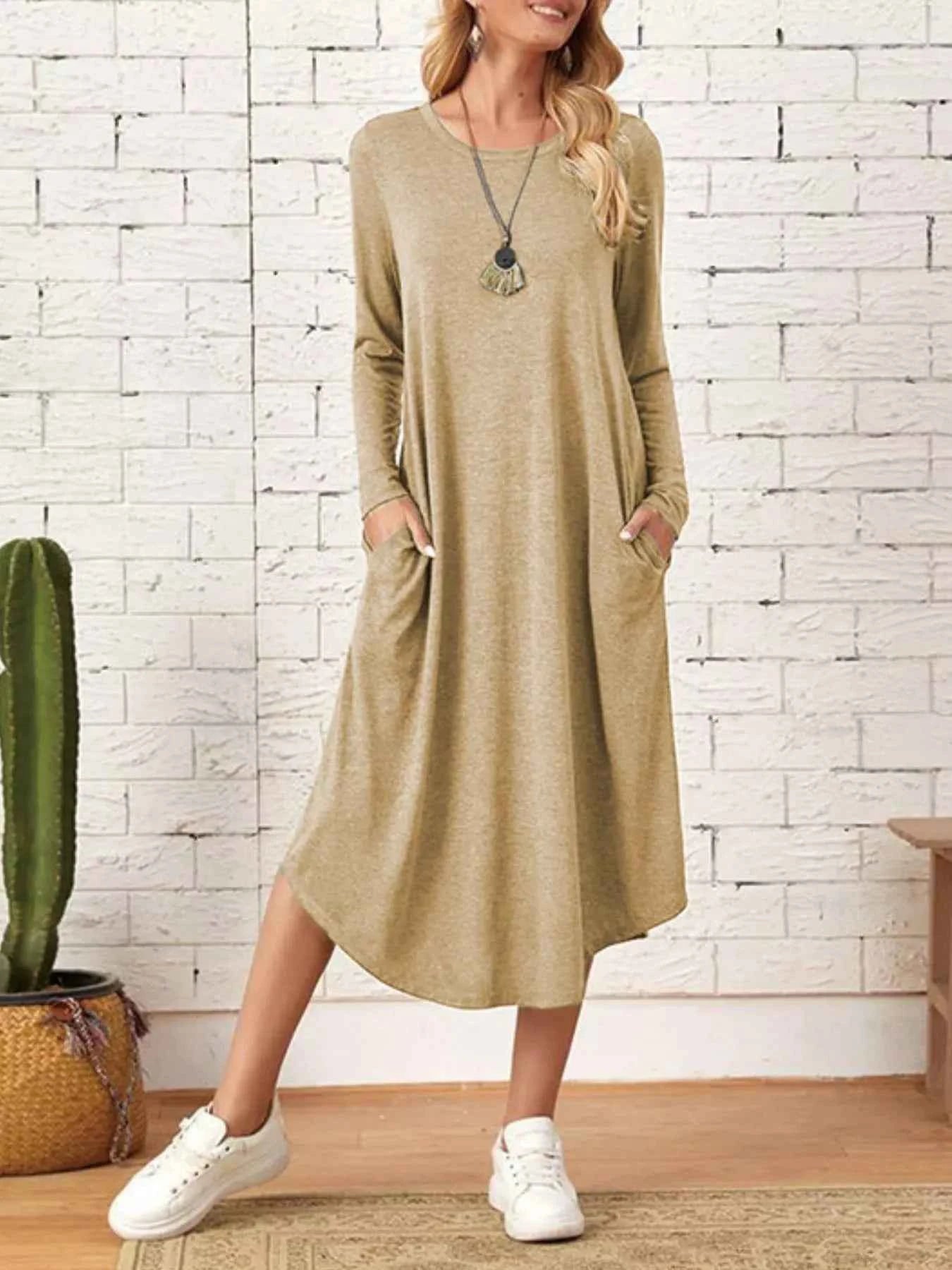 Casual Long Sleeve Pocket Midi Dress Tan 8486d967-515d-4bc8-8a05-275c4a7dcdff-Max-Origin