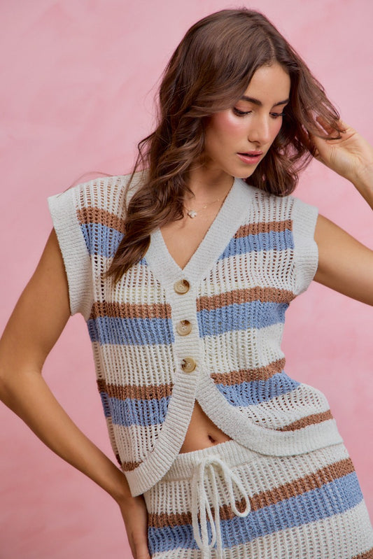 Multi Color Stripe Low Gauge Sweater Vest Top 8488cbf3729643208e46eb5ea559ab71-Max