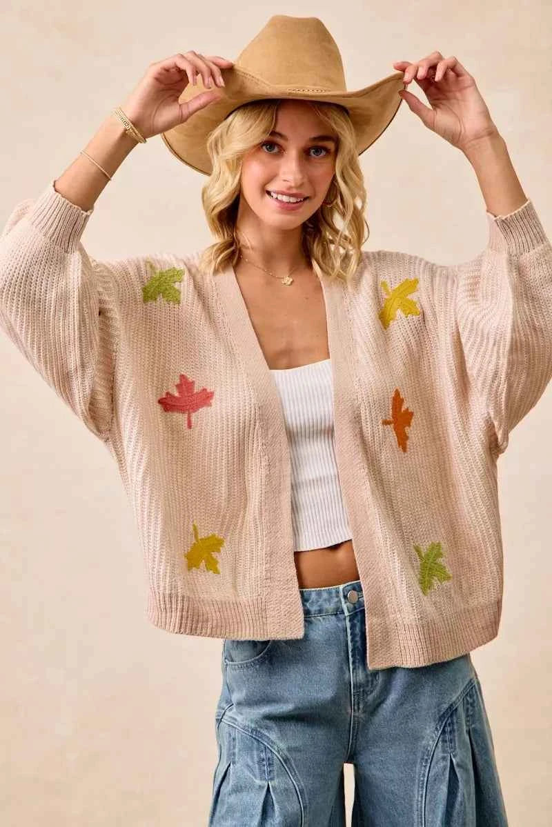 BiBi Two Tone Knit Cardigan with Leaf Patches 8488dafe6c3b433e9a46e23e65220e2f-Max-Origin