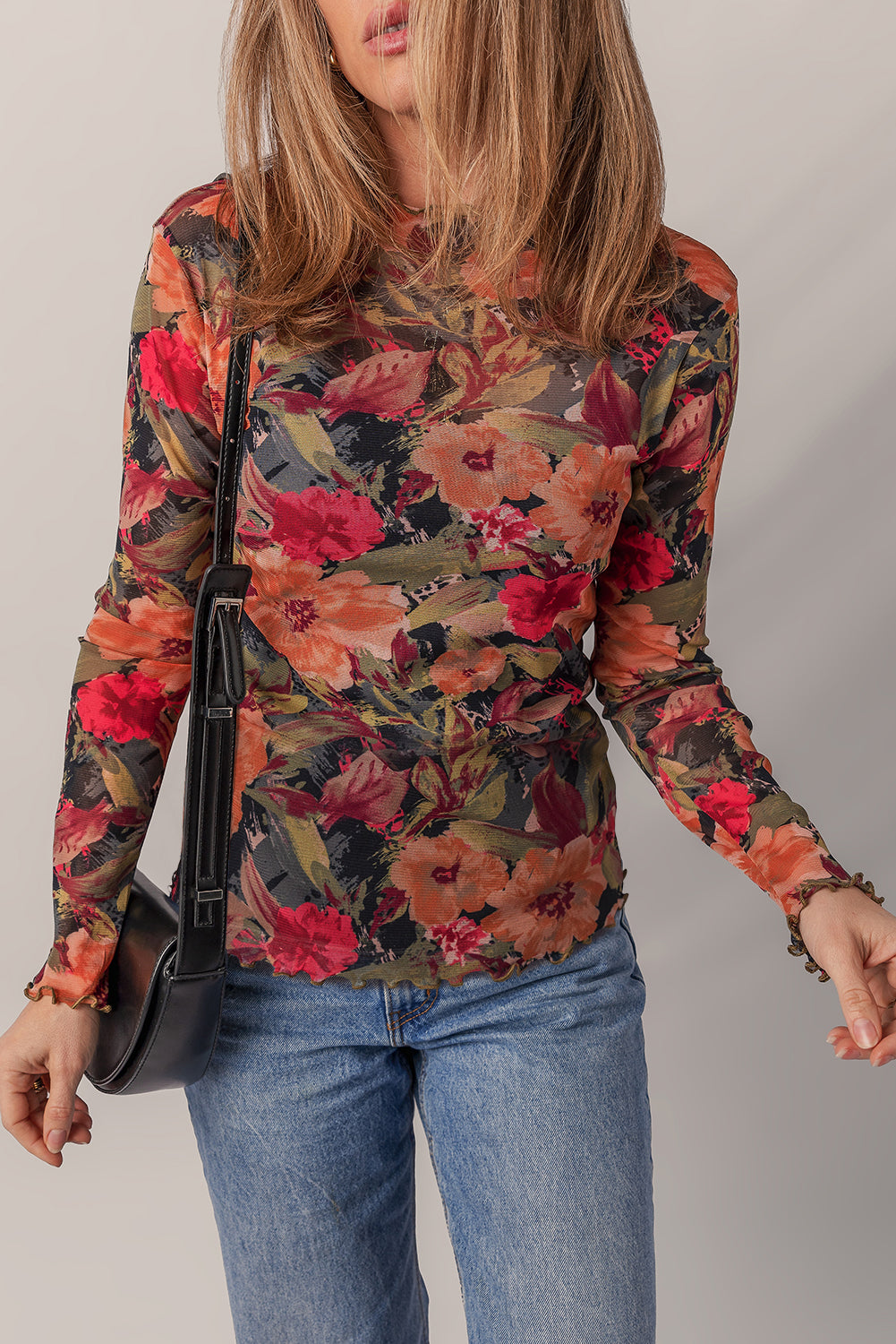 Multicolour Floral Print Lettuce Trim Long Sleeve Mesh Top 848bb29222e9641d
