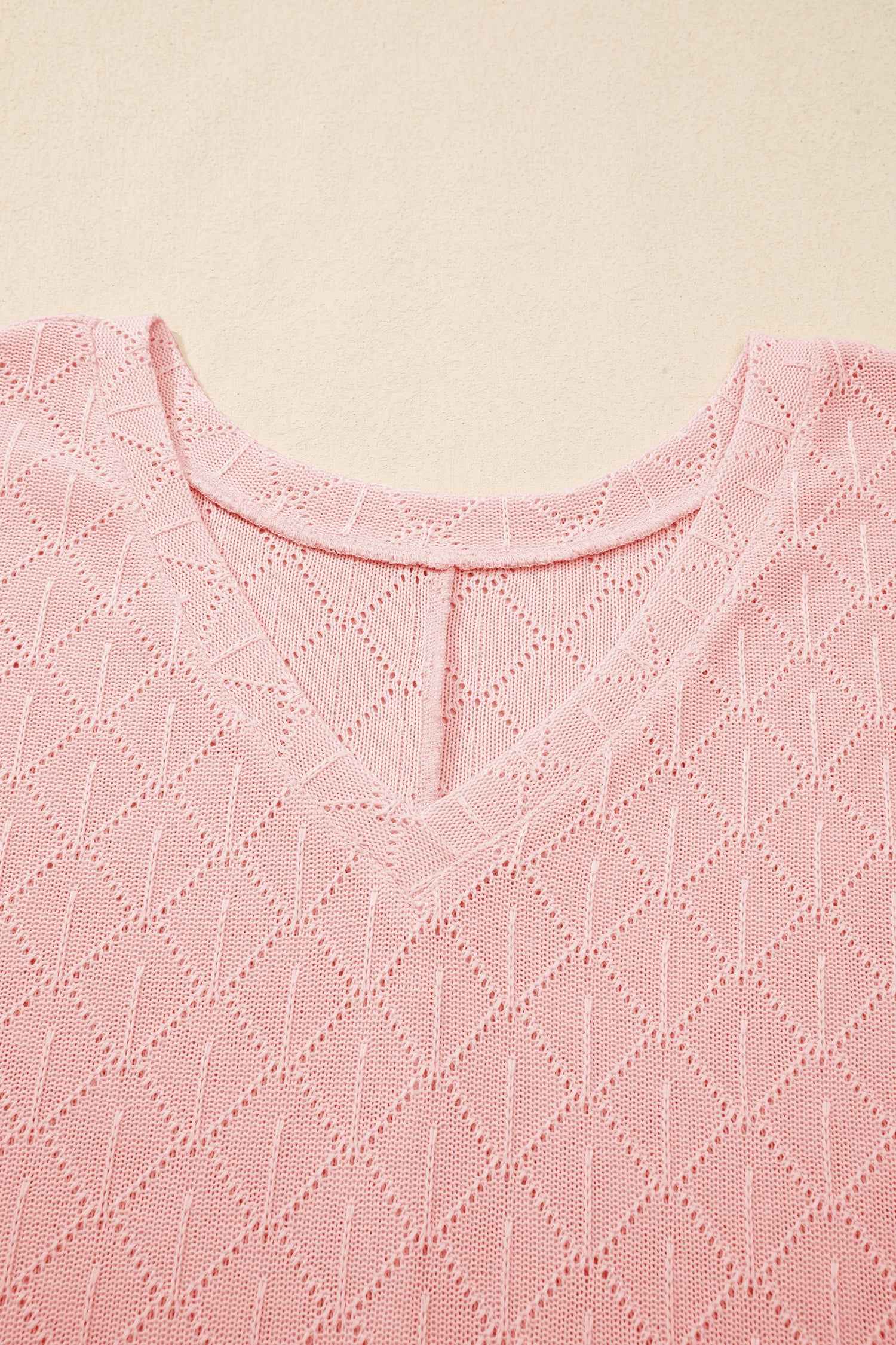 Light Pink Pointelle Rhombus Knit Plus Size V Neck Loose Top 848ca11695922df0
