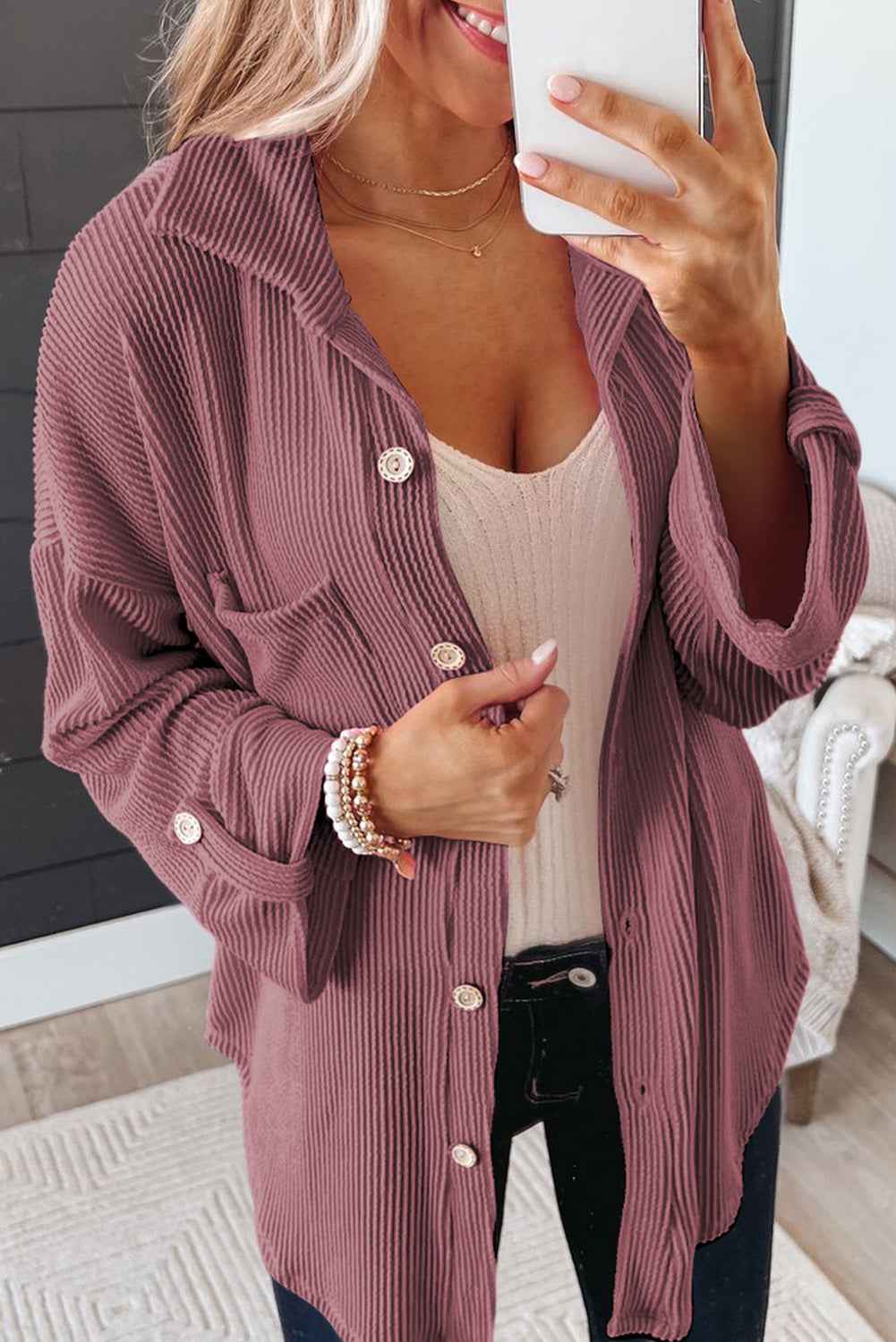 Fiery Red Pink Roll Tab Sleeve Ribbed Cording Shacket 65%Polyester+25%Viscose+10%Elastane 849954b04e4ebf98