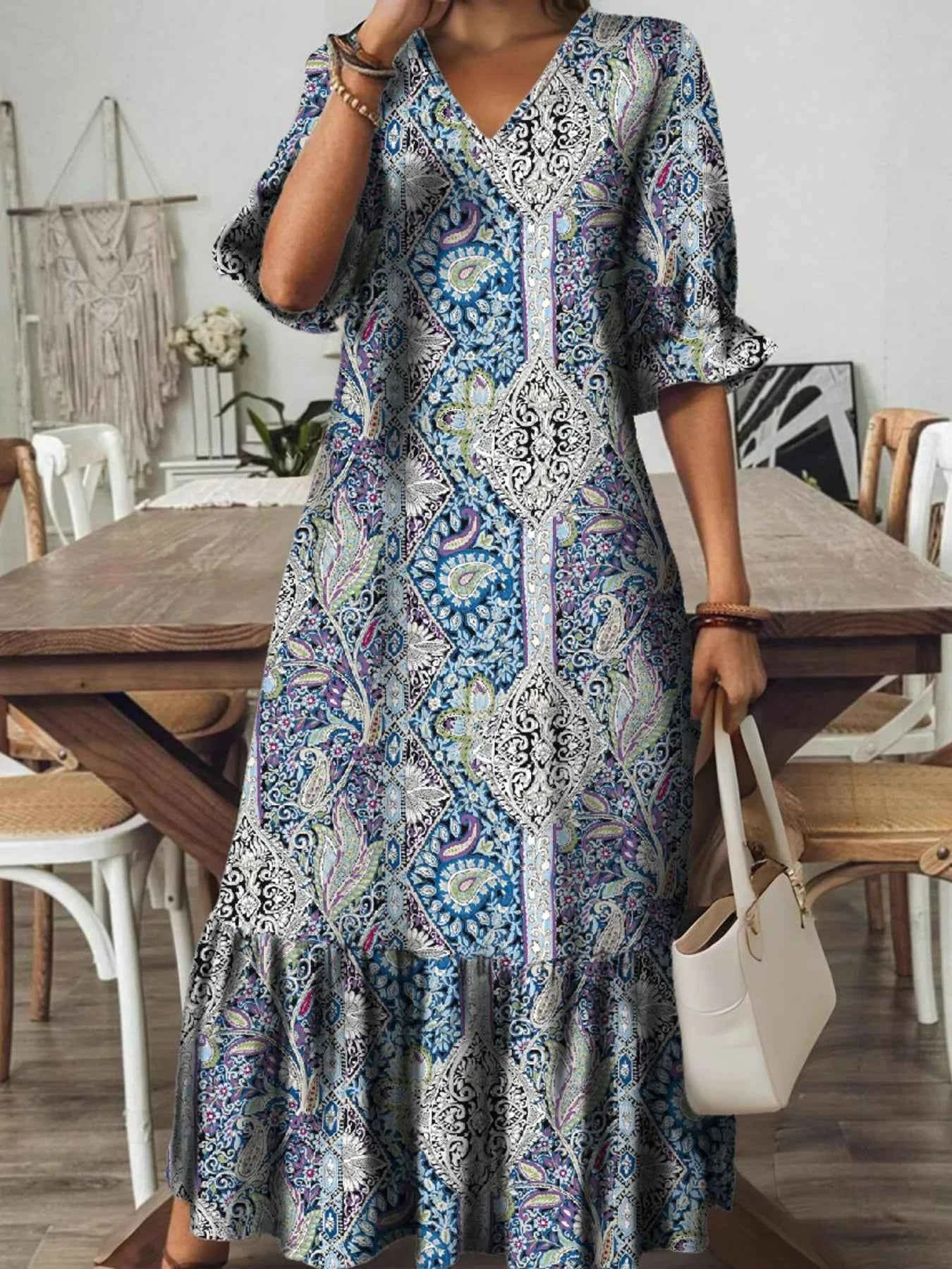 Full Size Bohemian Paisley Print V-Neck Midi Dress Plus Size