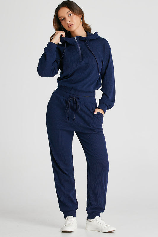 Navy Blue Ribbed Knit Cropped Hoodie and Drawstring Joggers Set 849e05baf0c46fc8