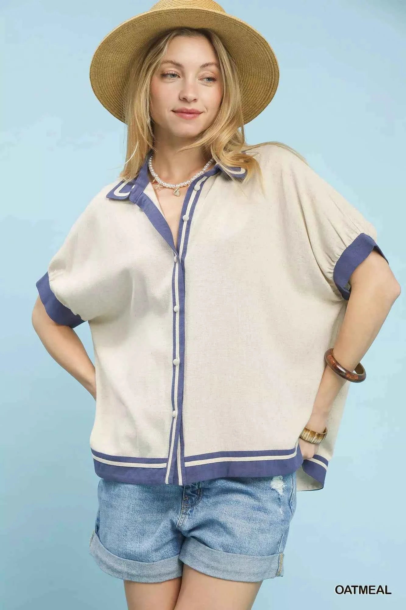 Linen Button Front Top with Contrast Piping OATMEAL 849e6204-eed1-452d-88ae-2d65684fb8fb-Max-Origin