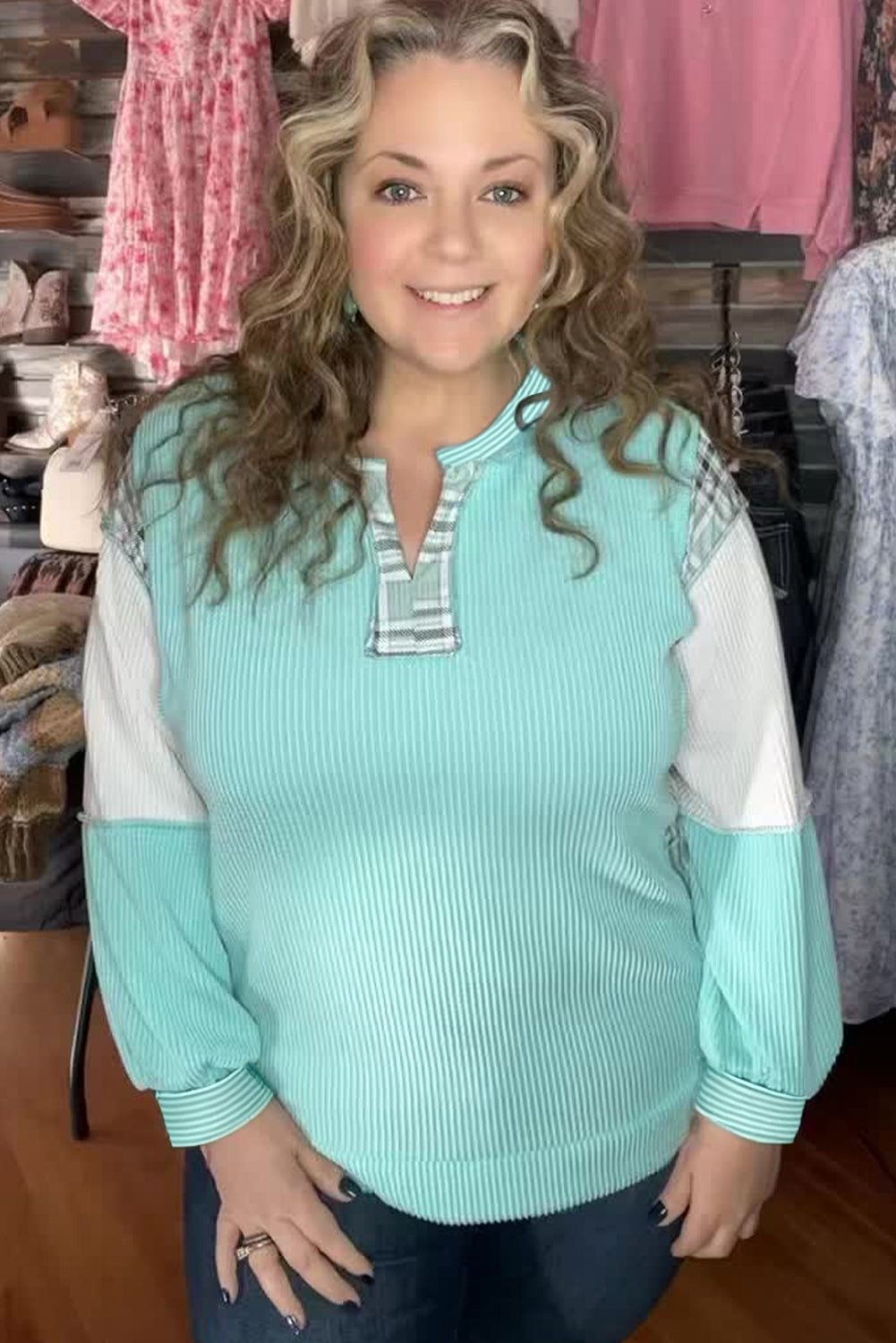 Aruba Blue Twist Ribbed Colorblock Plaid Patchwork Plus Size Top 849e7c6153998479