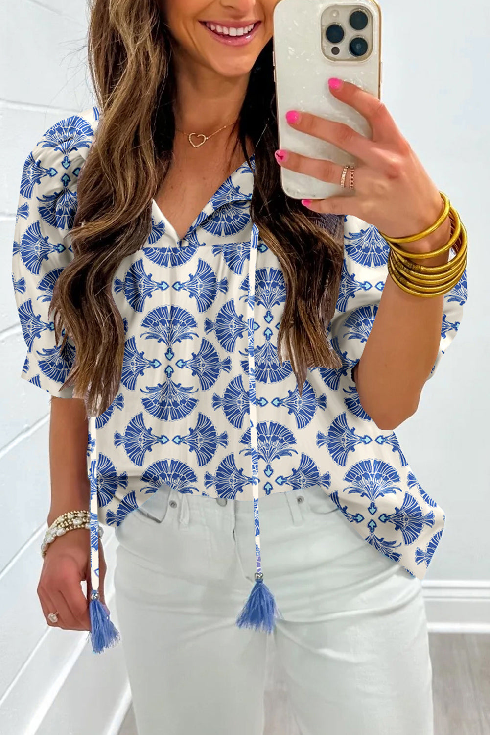 Sky Blue Geometric Print Tassel Drawstring V Neck Blouse Sky Blue 84a04f71f3d01f33