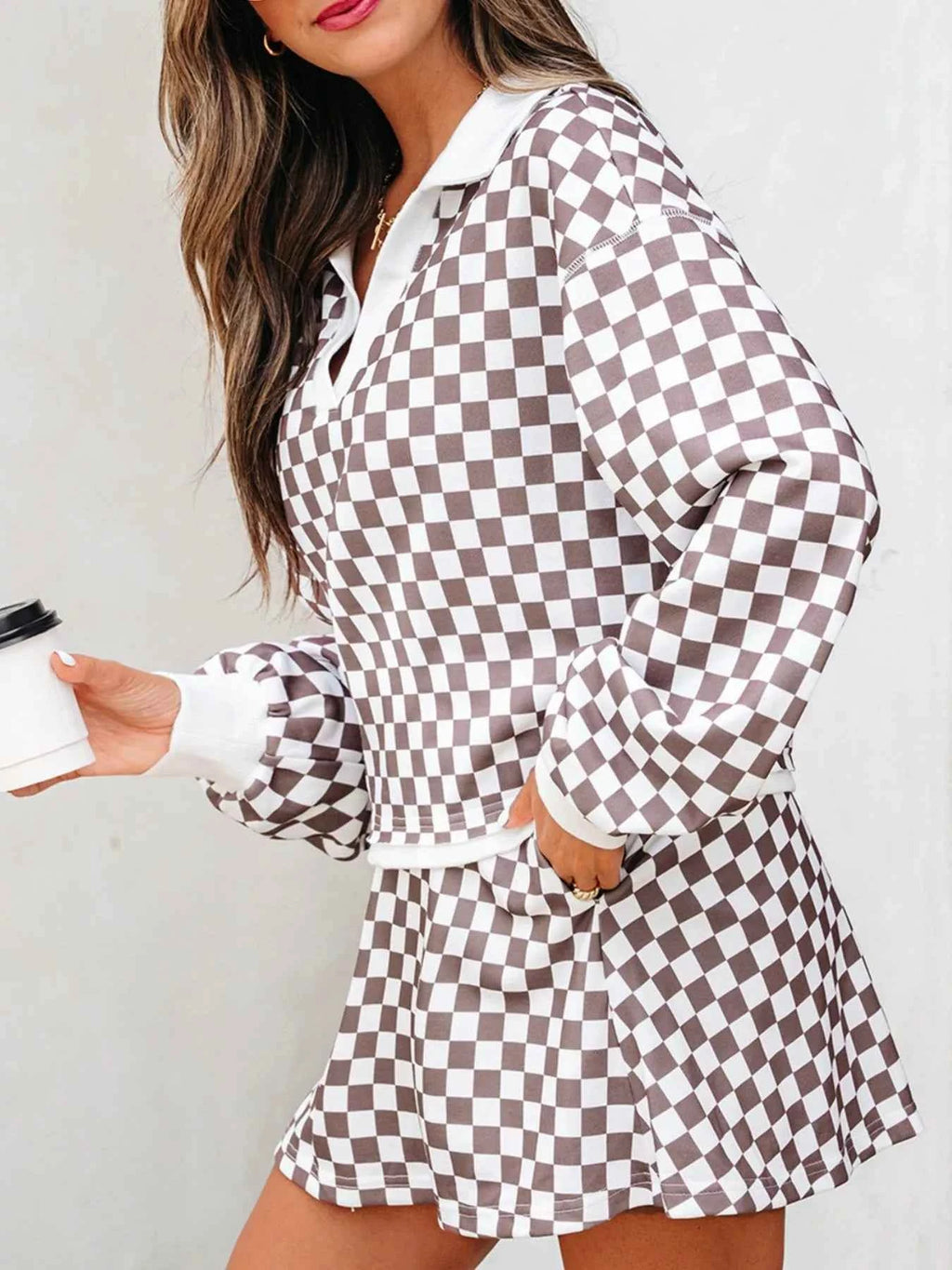 Checkered Print Polo Collar Cropped Long Sleeve Top and Drawstring Mini Skirt Set 84a10db3-706d-49a7-824d-6cbb94b96cce-Max-Origin