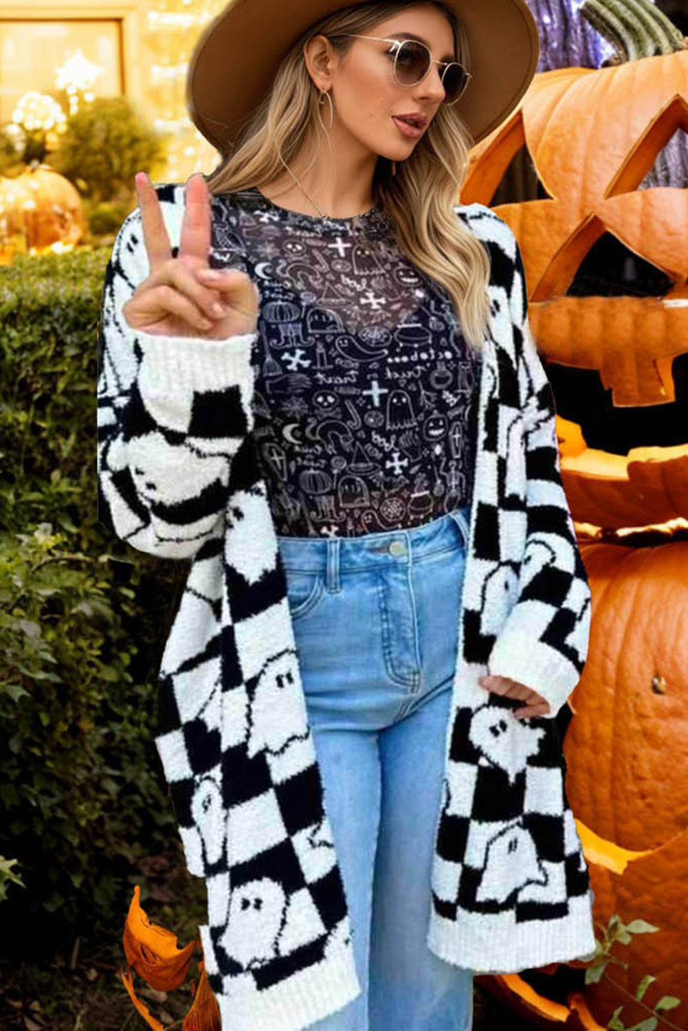 Black Halloween Ghost Pattern Mid length Knitted Cardigan 84a4fb8b52f1bb9e