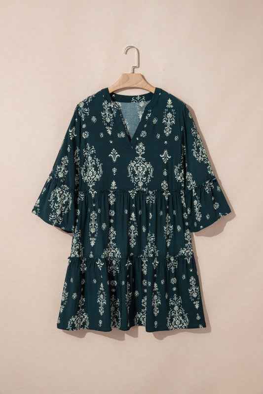 Boho Floral Lettuce Trim 3/4 Sleeve Mini Dress Blue 84a582b7-edb2-4de7-919b-ee304f0cc433