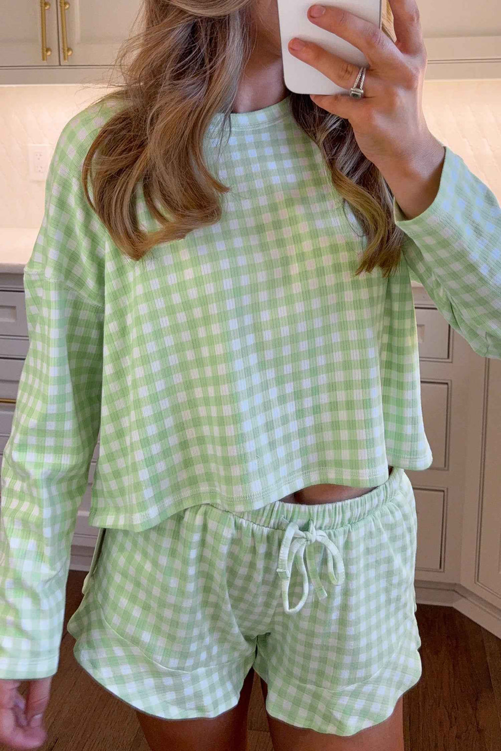 Green Gingham Long Sleeve Loose Top Drawstring Shorts 2pcs Lounge Set Green 95%Polyester+5%Elastane 84a67ead18c800d8