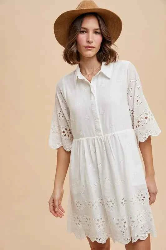 Embroidered Scallop Edge Detail Mini Shirt Dress IVORY 84a7acf01db6466fba068d6c976bf6ef-Max-Origin