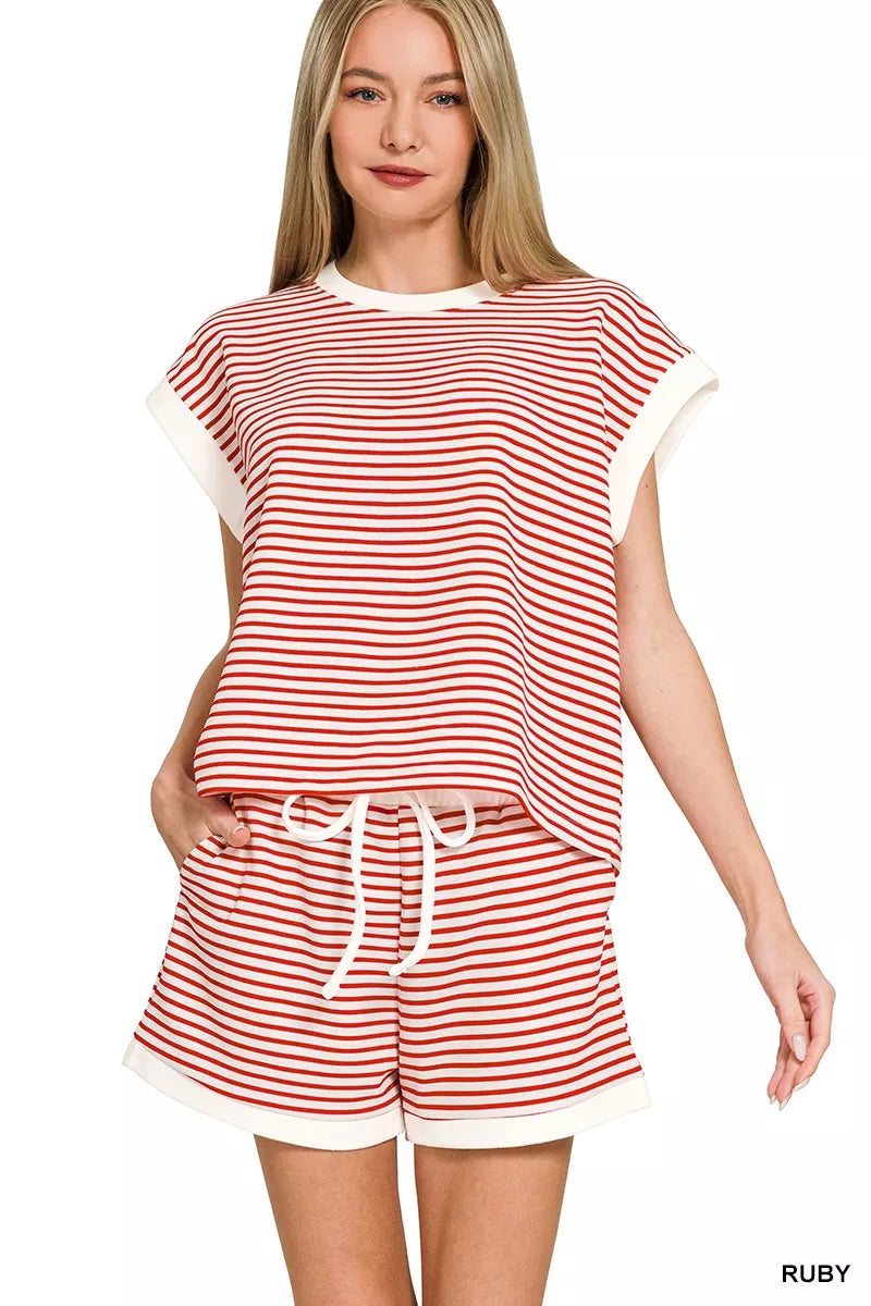 Zenana Stripe Contrast Trim Top & Shorts Set RUBY 84adce96e9bc4a539bee0008efe11314-Max-Origin