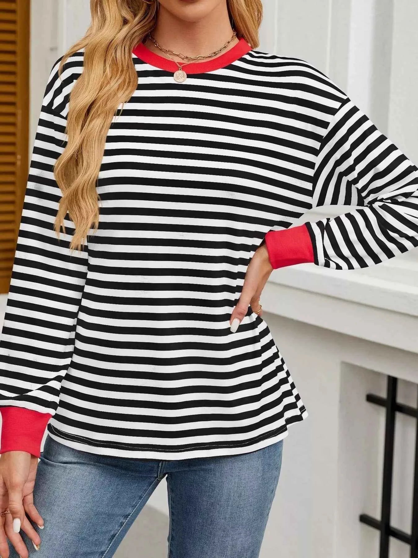 Striped Round Neck Long Sleeve T-Shirt 84ae1e10ce954682b7f8d22e8d0a37ec-Max-Origin