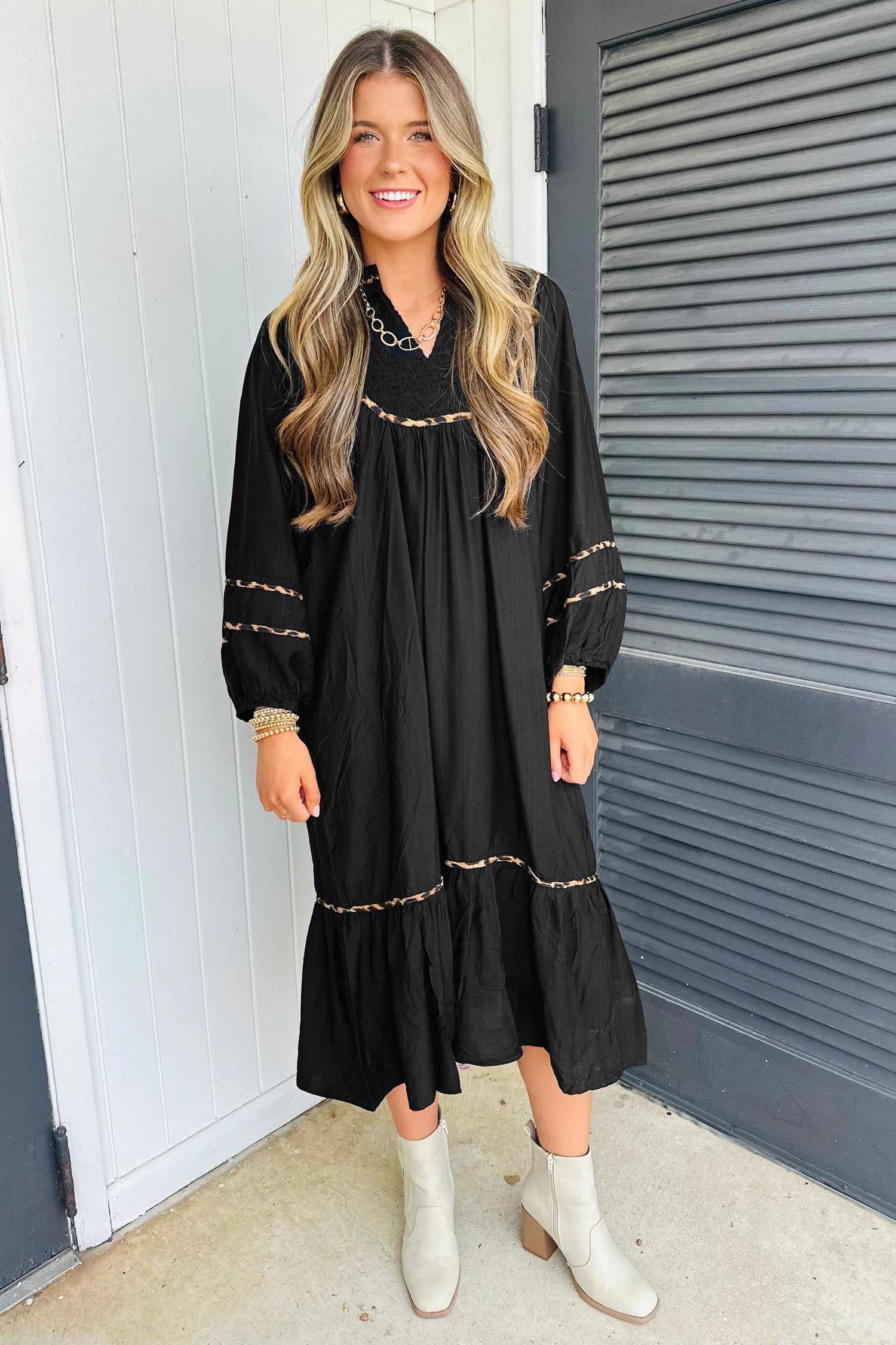 Black Contrast Leopard Trim Split Neck Long Sleeve Casual Midi Dress 84ae4af201fccc77