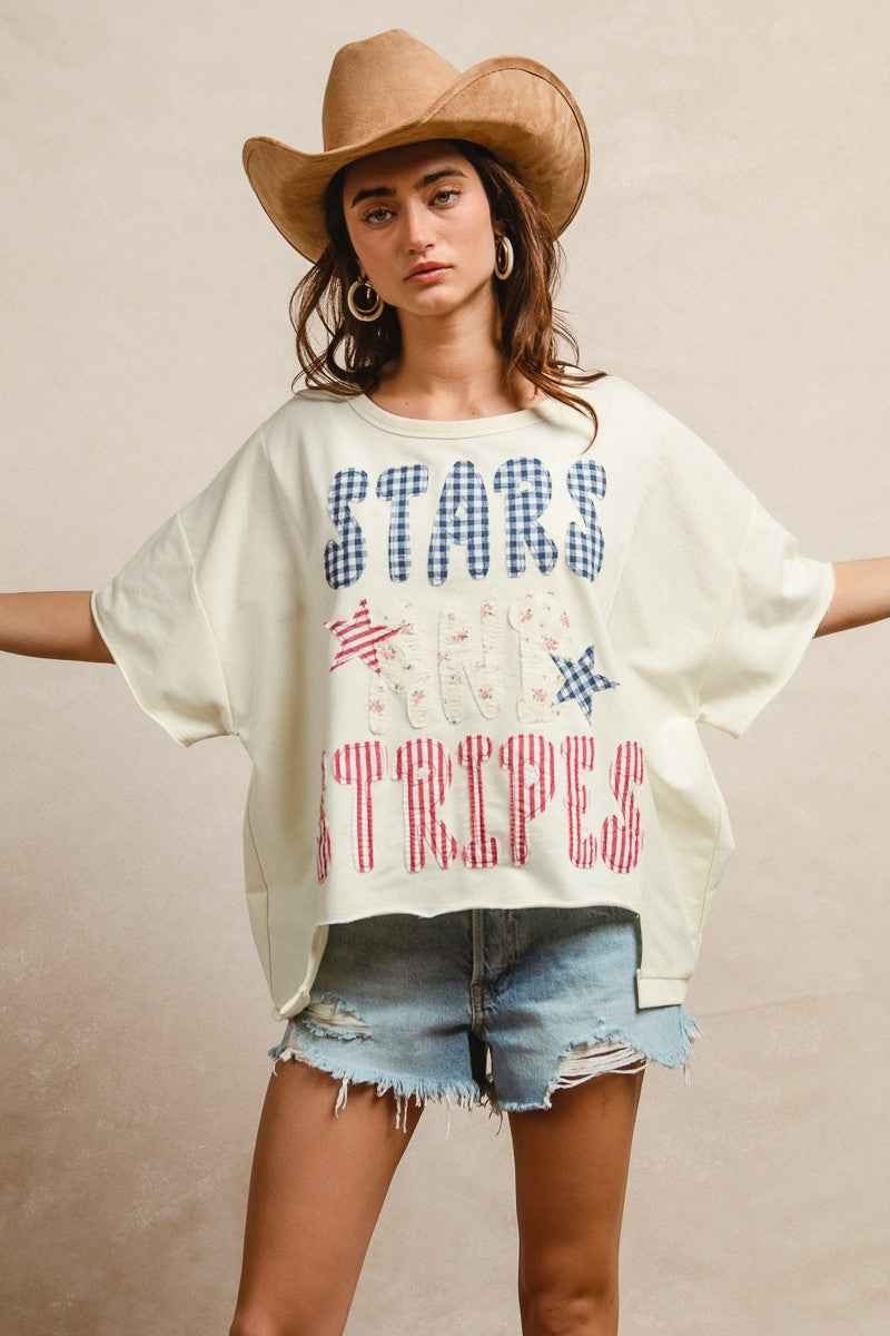 BiBi Mix And Match Stars And Stripes Patchwork Short Sleeve T-Shirt 84b2e4a8827b4b9b8b49b92274cd89b6-Max