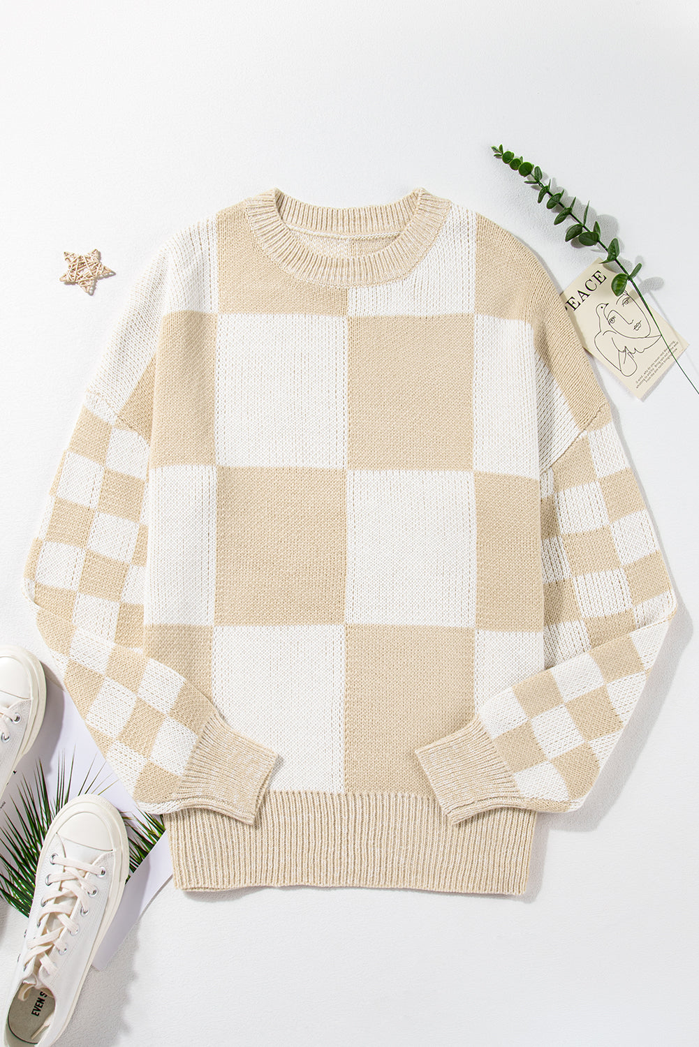 Flaxen Plaid Knitted Drop Shoulder Sweater 84b480149219de73