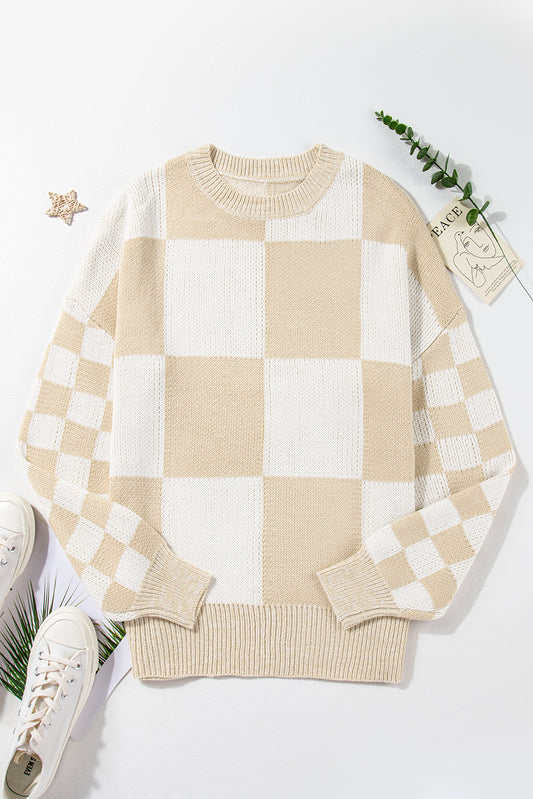 Flaxen Plaid Knitted Drop Shoulder Sweater 84b480149219de73
