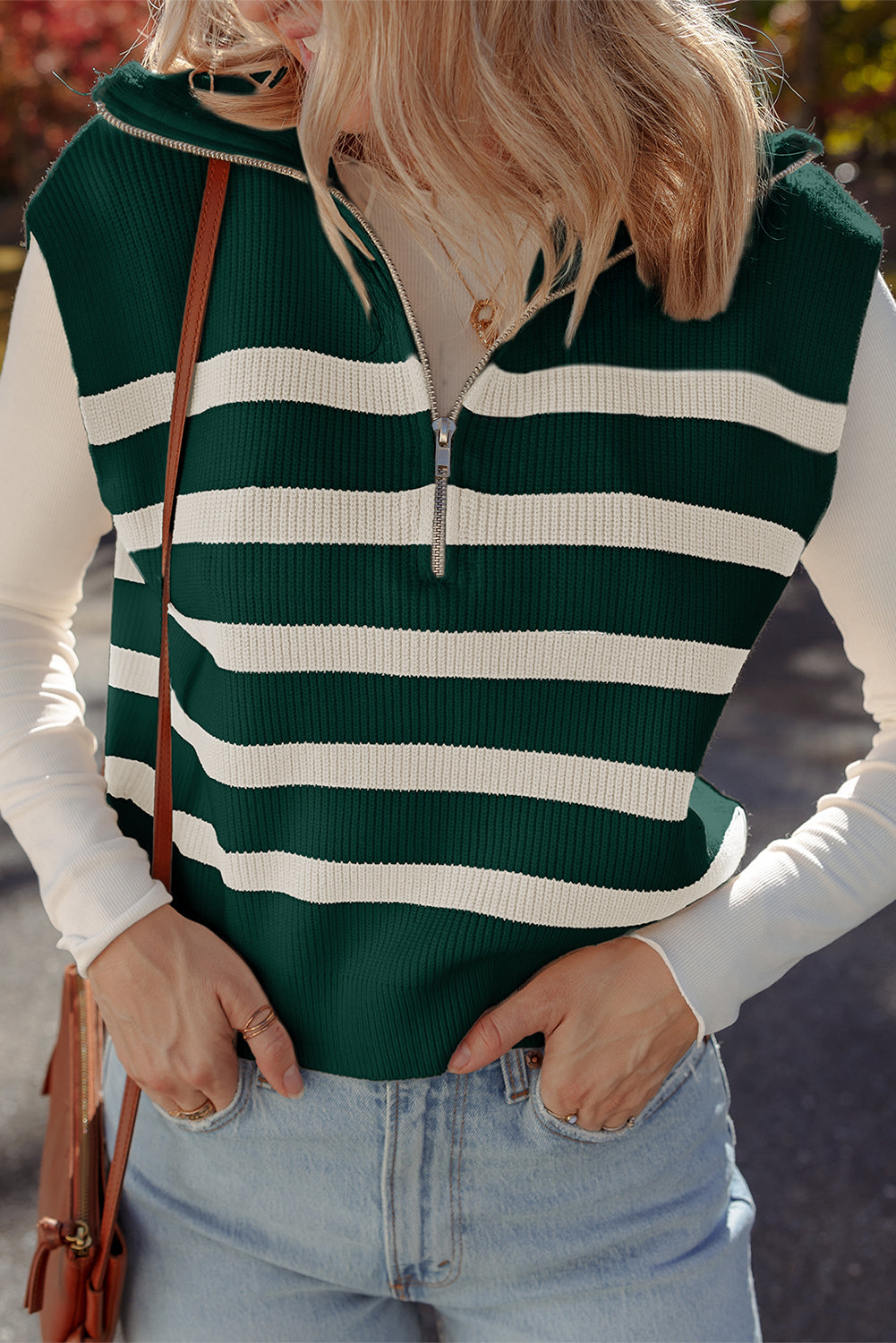 Blackish Green Ribbed Half Zip Collared Sweater Vest Blackish Green 52%Viscose+26%Polyester+22%Polyamide 84bab6ab2b07e255