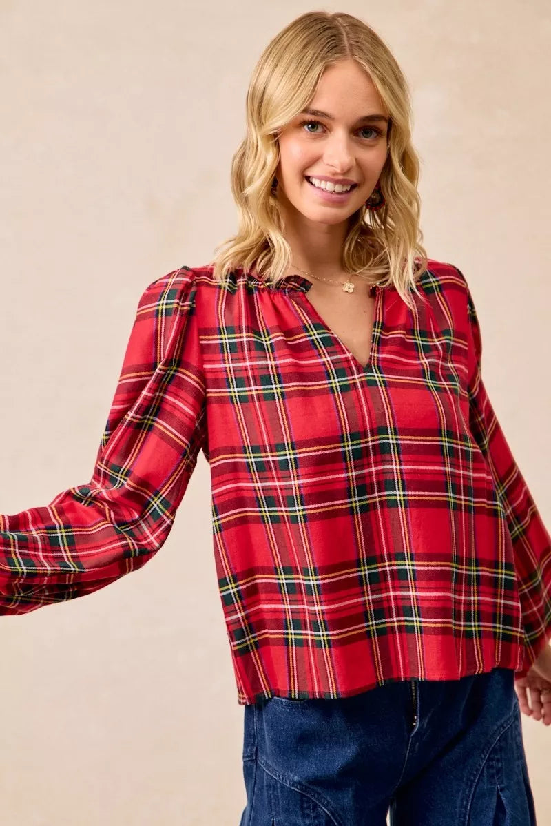 BiBi Christmas Plaid Balloon Sleeves Ruffled V-Neck Top 84bd02c81cf5409cb5c173c5c0b0f870-Max-Origin