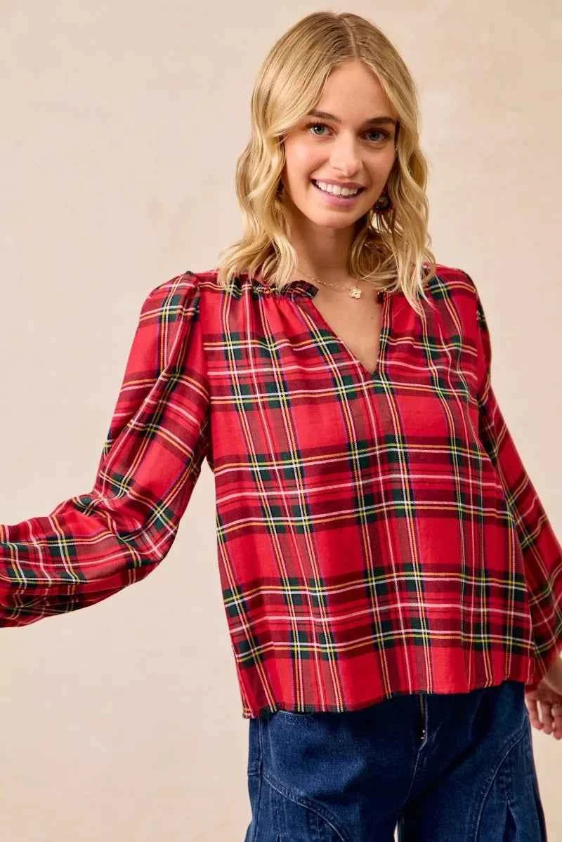 Christmas Plaid Balloon Sleeves Ruffled V-Neck Top 84bd02c81cf5409cb5c173c5c0b0f870-Max-Origin