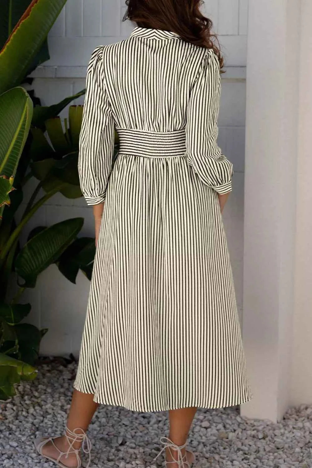 Stripe V Neck Zip Front Cinched High Waist Midi Dress