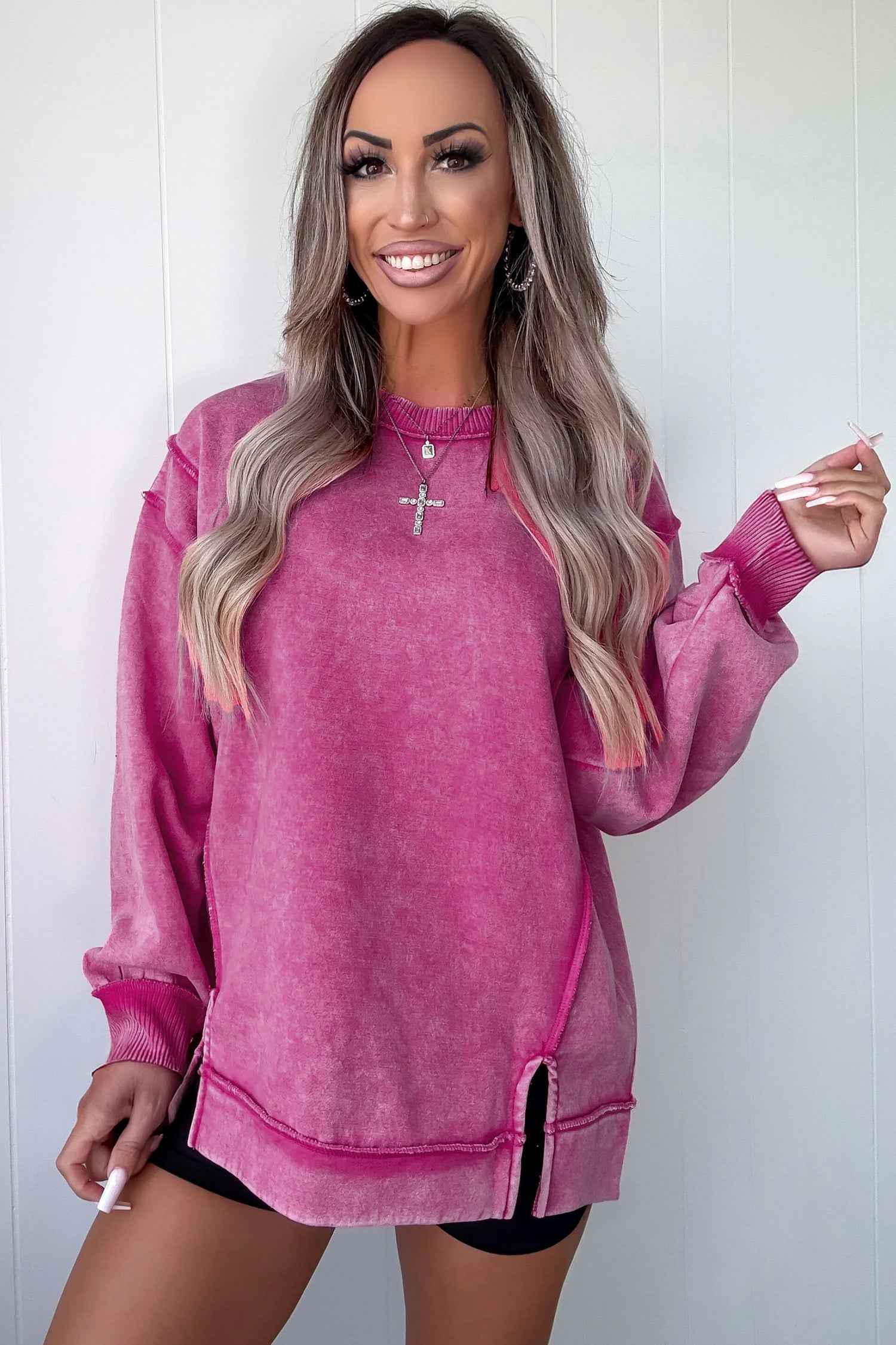 Rose Red Mineral Wash Exposed Seam Side Slit Sweatshirt 84c5b973c11c092b