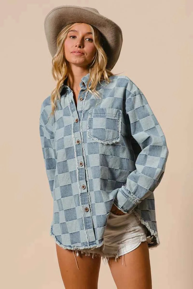 BiBi Frayed Edged Detail Washed Checker Denim Shirt 84c655813f074d21823bc090a1daf598-Max-Origin