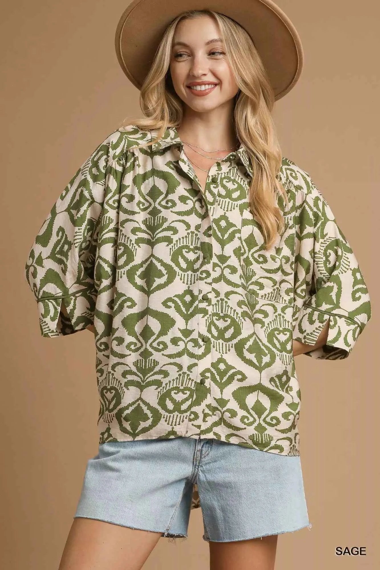 Umgee Abstract Print Button-Up Oversized Shirt SAGE 84c7cd95-0ada-429f-904a-82bfa41984bf-Max-Origin