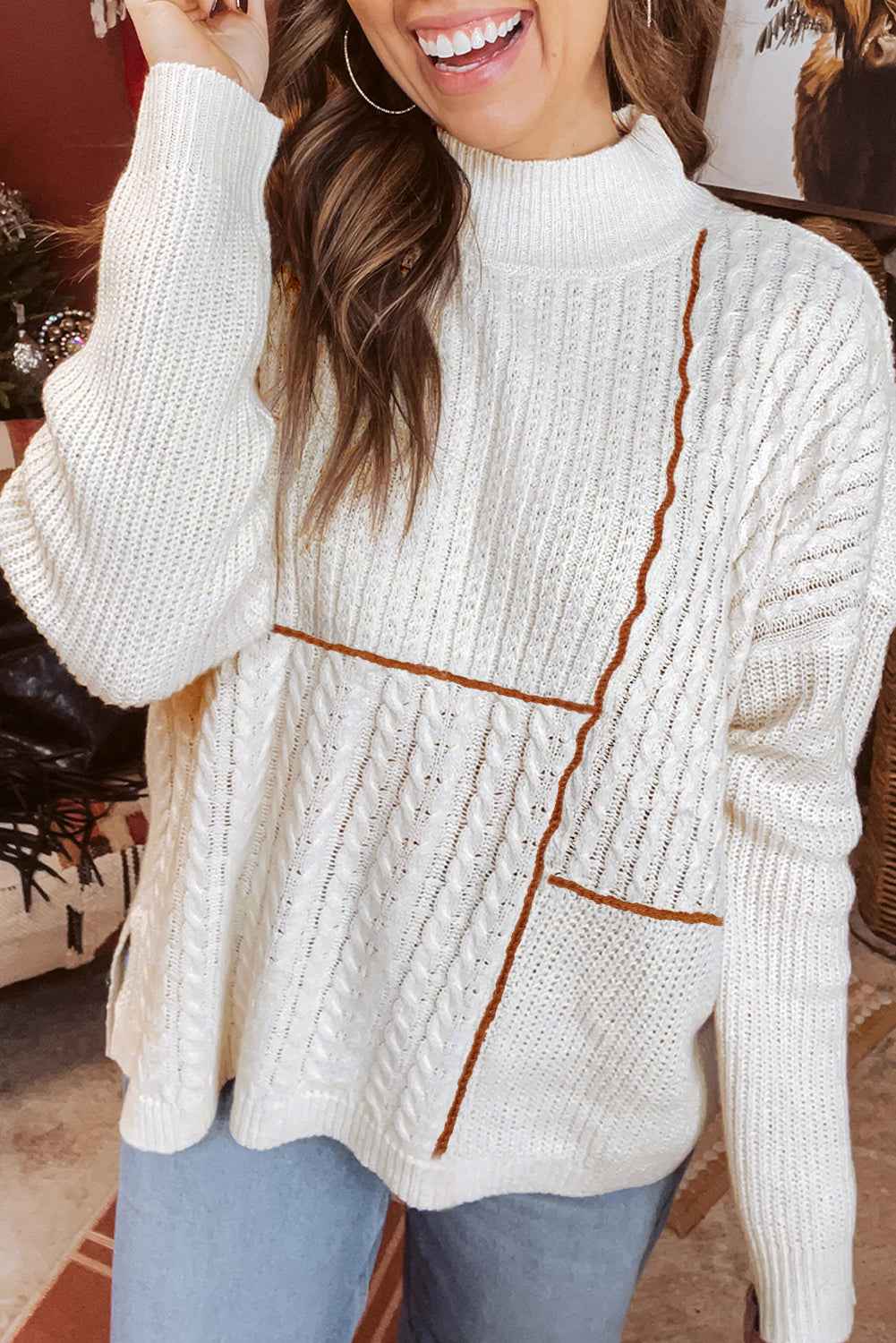 White Mix Texture Patchwork Contrast Stitch Mock Neck Sweater White 55%Acrylic+45%Cotton 84c88788cd6bd369