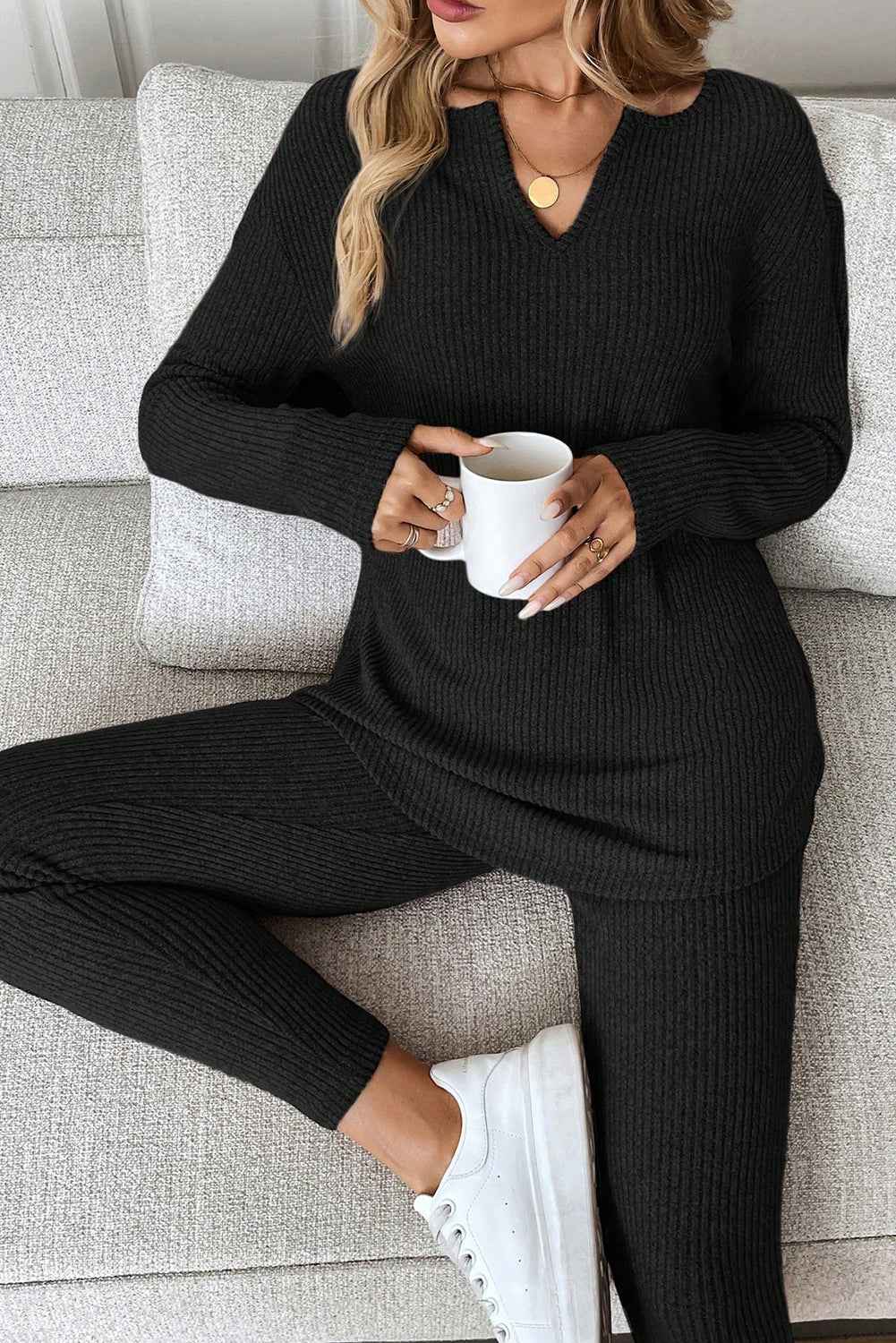 Racing Red Ribbed Notched Neck Knit Long Sleeve Leggings Two Pieces Lounge Set Black 95%Polyester+5%Elastane 84ca645e6a22ba37