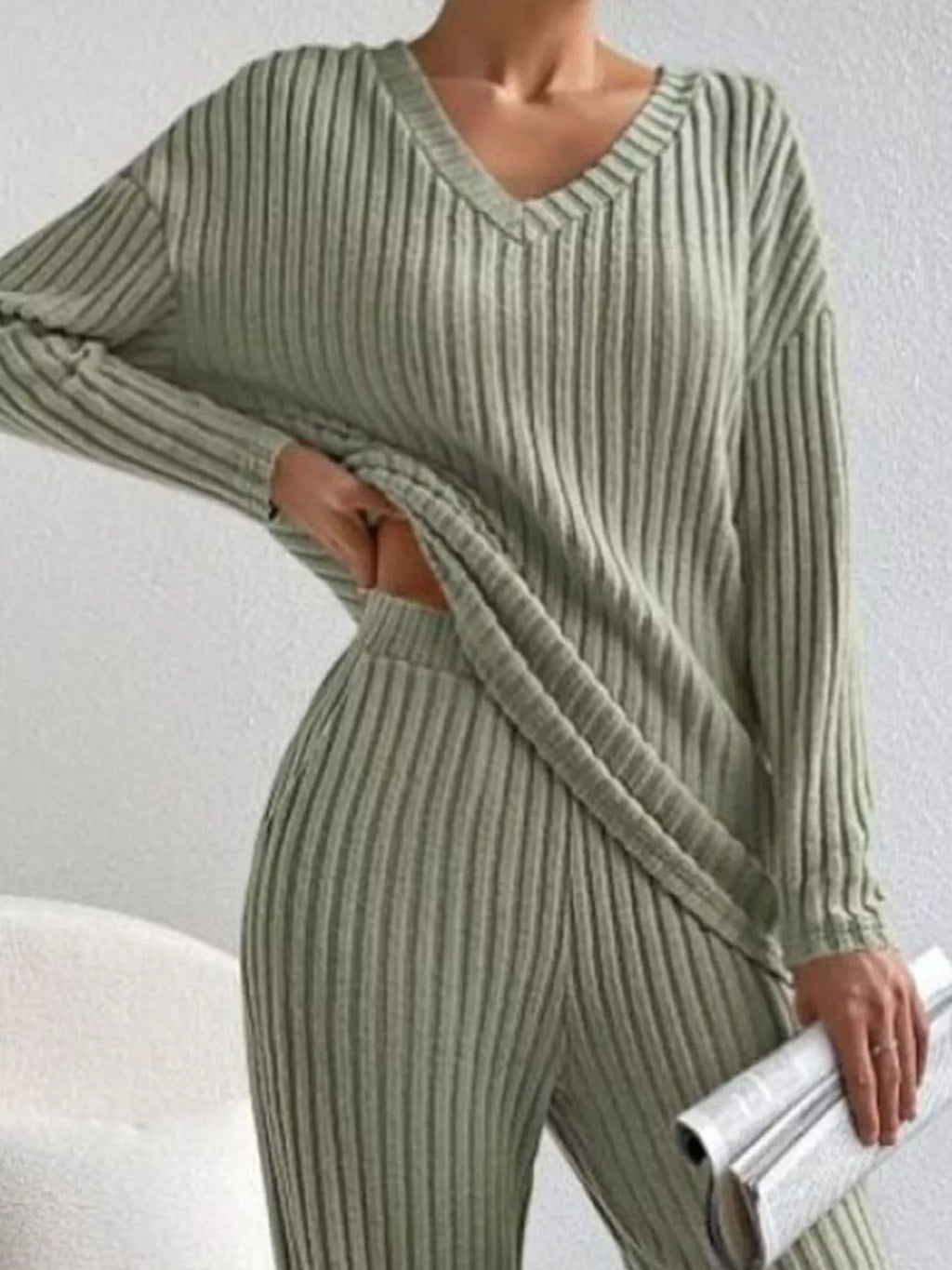 Ribbed V-Neck Top and Pants Set 84d20ecd-3876-4936-b5de-f21ee2d48423-Max-Origin