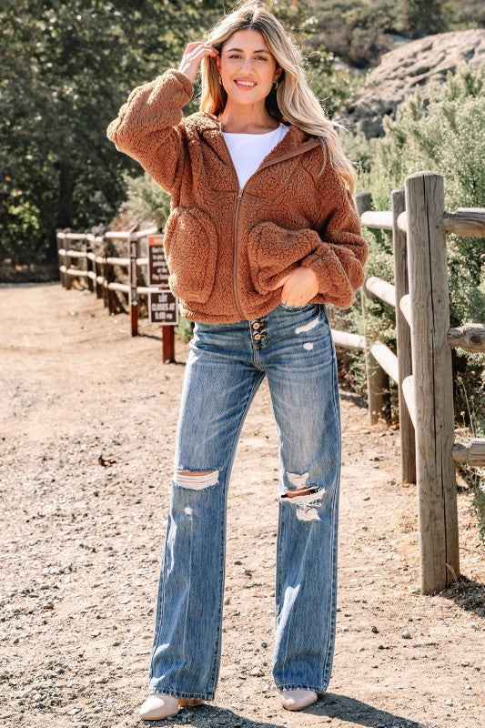 Solid Sherpa Fleece Zip Up Hooded Jacket 84db0d1d-4d32-45ee-939f-afeb88dc61e8