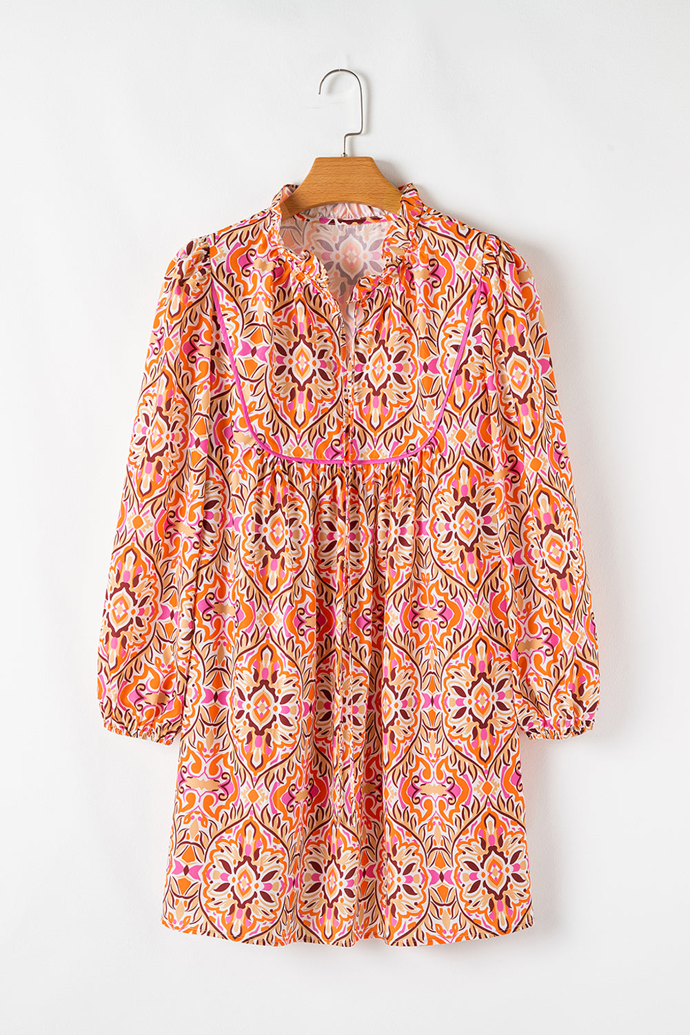 Khaki Abstract Print Long Sleeve Tied Neckline Mini Dress Khaki 100%Polyester 84dcb9b463538c0f