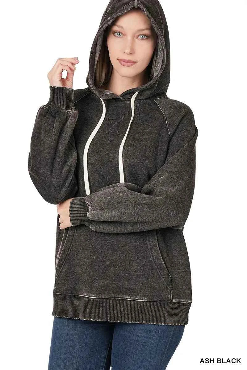 Zenana Acid Wash Fleece Hoodie with Drawstring ASH BLACK 84e95366935b470684d18c05ccbb9ca6-Max-Origin