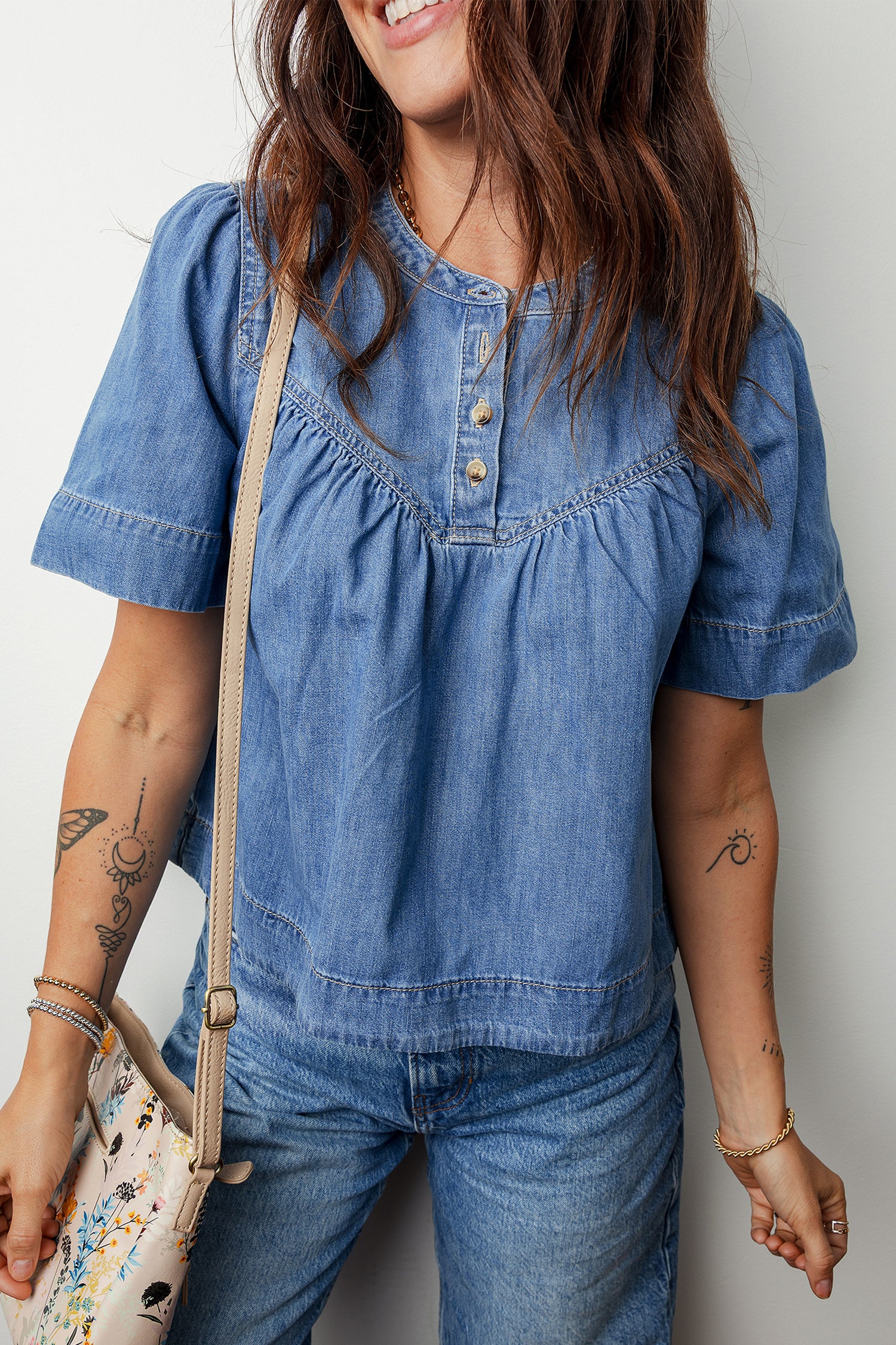 Beau Blue Seam Pleated Detail Half Button Short Sleeve Denim Top Beau Blue 100%Cotton 84ea4cb5285e4e07