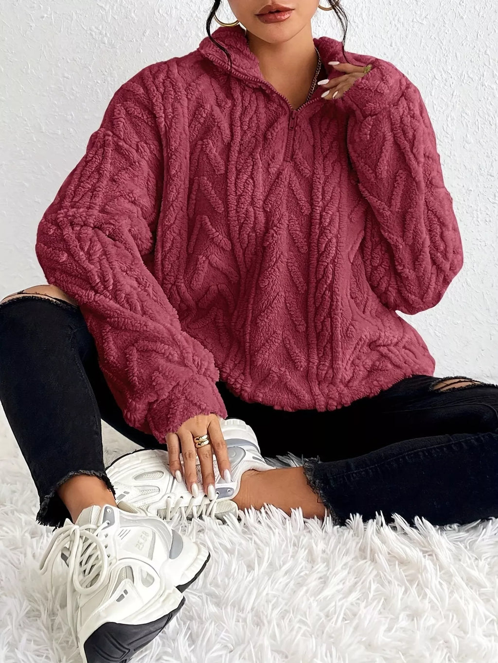 Quarter Zip Dropped Shoulder Sherpa Sweatshirt 84f02d0944334e9eaeb81b7ab6061047-Max-Origin