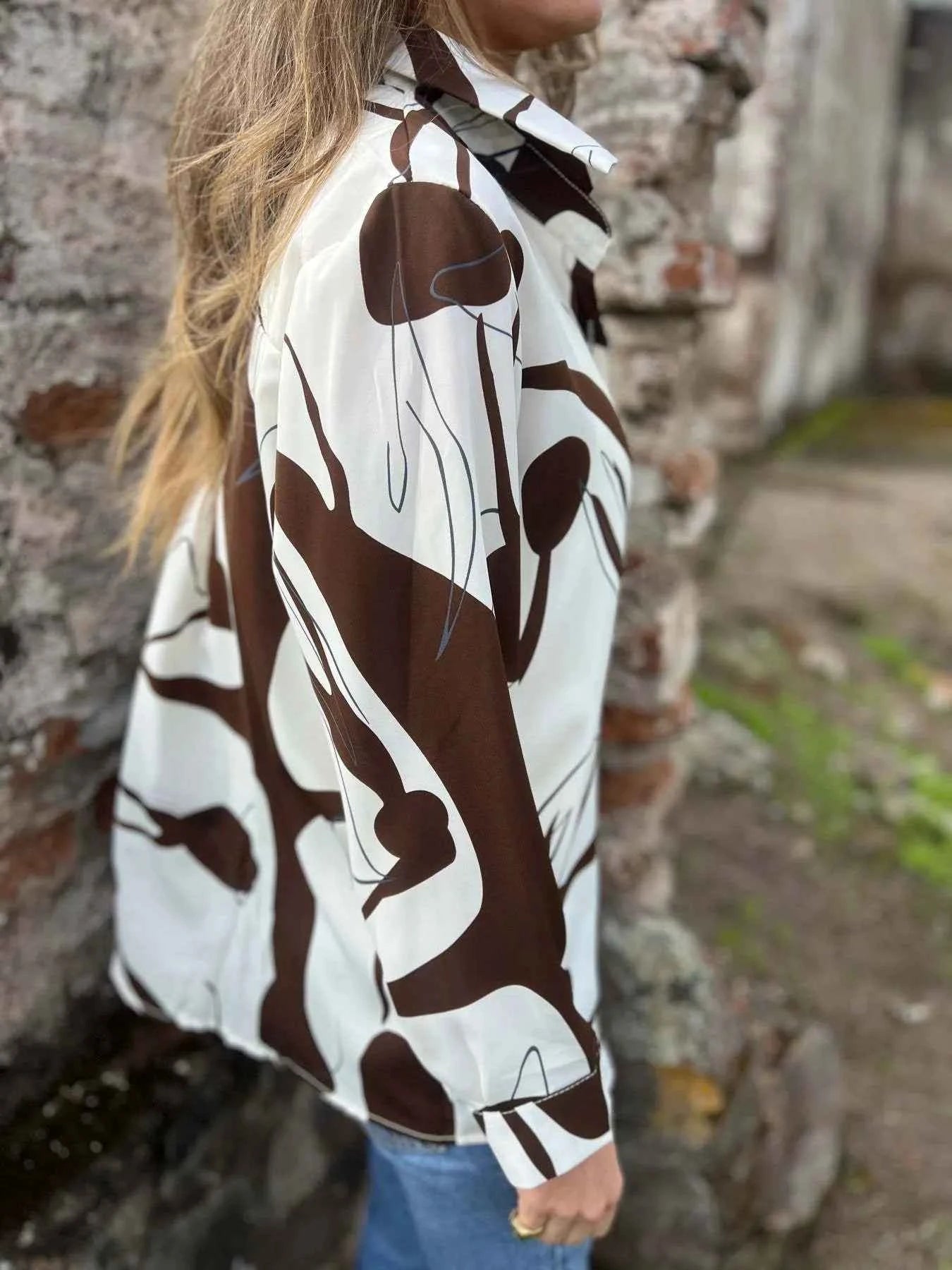 Full Size Abstract Print Long Sleeve Button-Up Shirt Plus Size