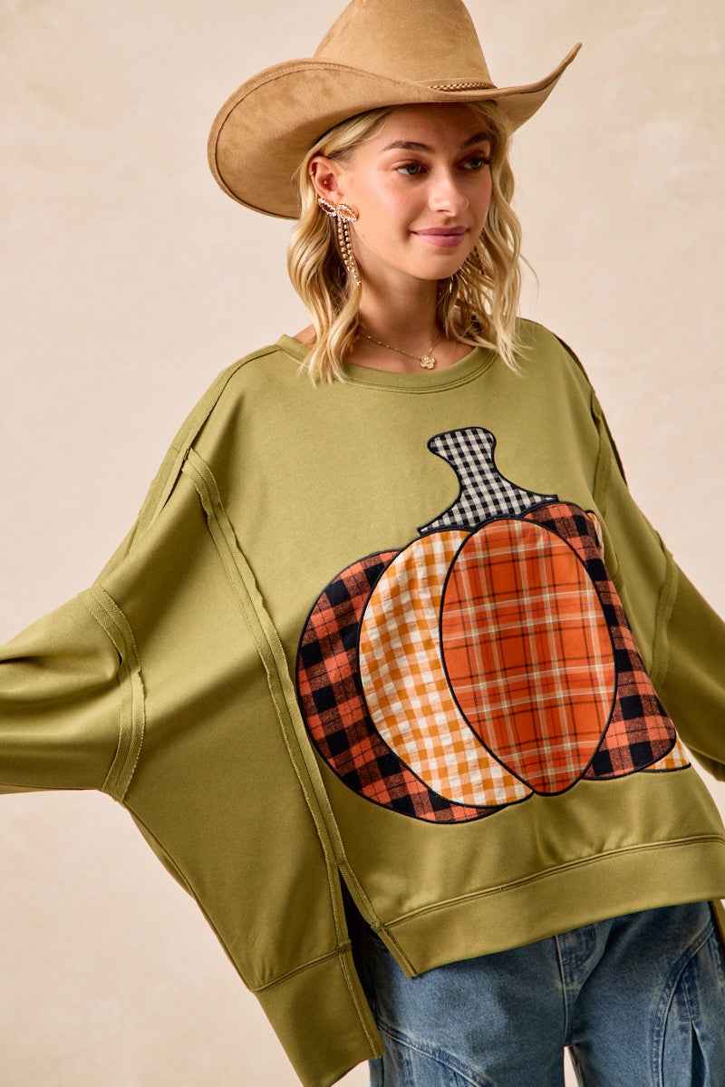 BiBi Plaid Mix Pumpkin Patchwork Cut Edge Detail Oversized French Terry Sweatshirt 84f8d8ea-5798-451e-8d87-b7ac9e883db2-Max